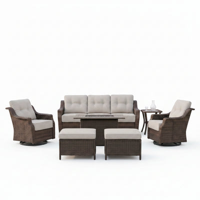 Luxurious 7 Piece Patio Furniture Set with Fire Pit Table, High Back Wicker Swivel Rocker Glider Outdoor Chairs with 6" Cushion, All-Weather Patio Conversation Set for Yard Garden - Brown/Beige