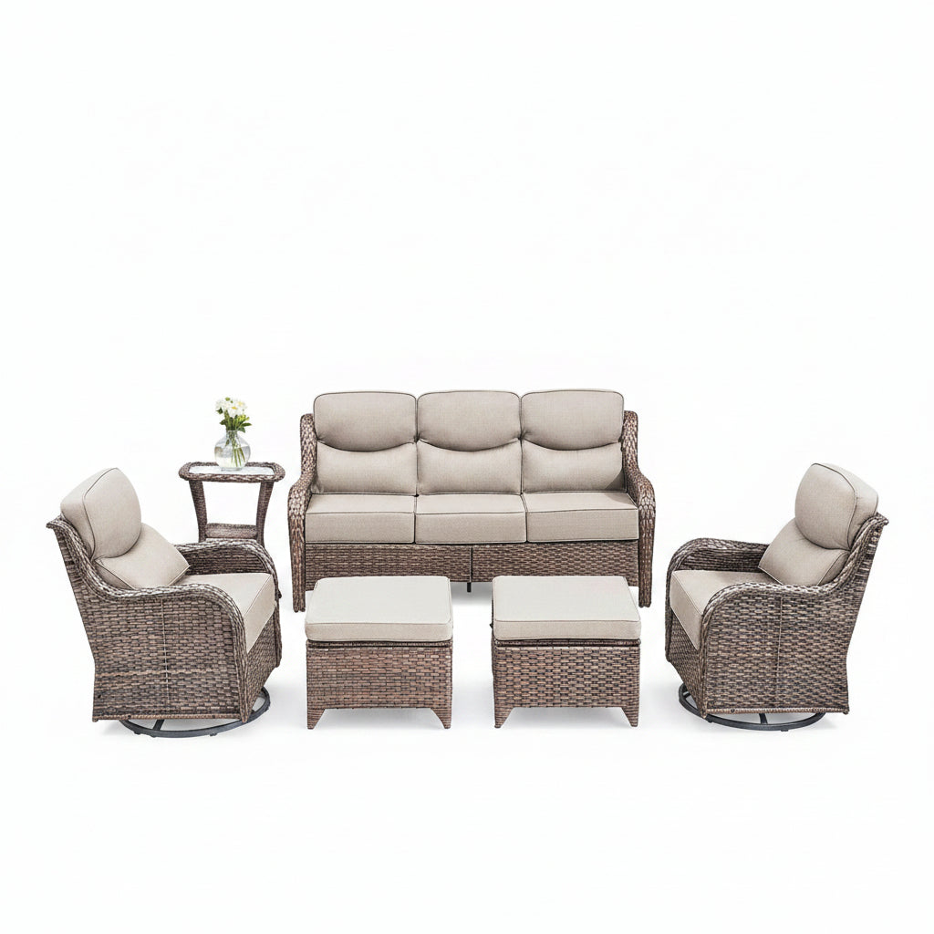 6 Pieces Outdoor Patio Furniture Set with Swivel Rocker Chairs and 6" Thick Cushions,Wicker Conversation Set with Sectional Sofa Coffee Table for Porch Deck Backyard Poolside