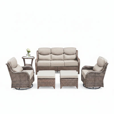 6 Pieces Outdoor Patio Furniture Set with Swivel Rocker Chairs and 6" Thick Cushions,Wicker Conversation Set with Sectional Sofa Coffee Table for Porch Deck Backyard Poolside
