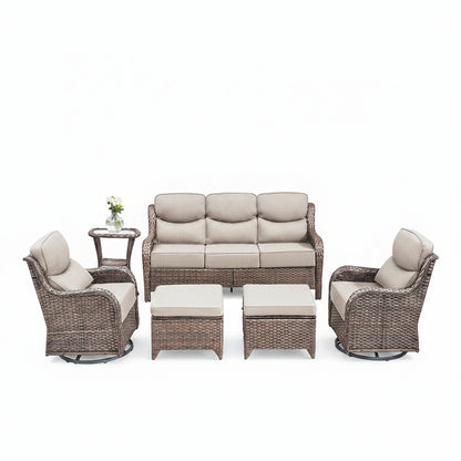 6 Pieces Outdoor Patio Furniture Set with Swivel Rocker Chairs and 6" Thick Cushions,Wicker Conversation Set with Sectional Sofa Coffee Table for Porch Deck Backyard Poolside