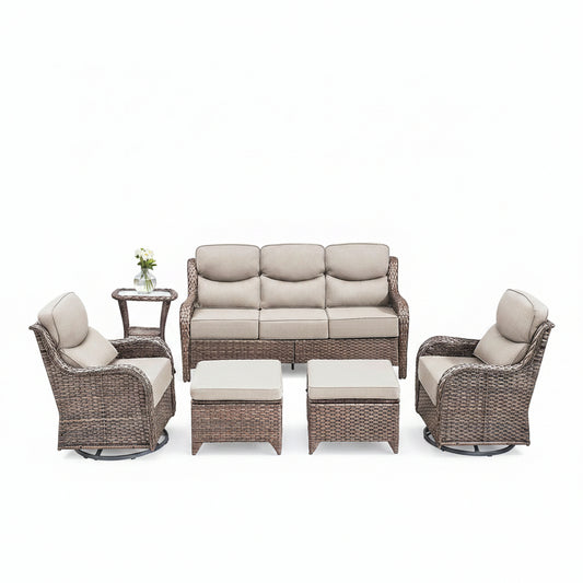 6 Pieces Outdoor Patio Furniture Set with Swivel Rocker Chairs and 6" Thick Cushions,Wicker Conversation Set with Sectional Sofa Coffee Table for Porch Deck Backyard Poolside
