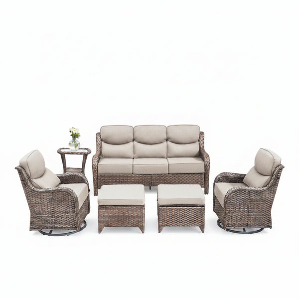 6 Pieces Outdoor Patio Furniture Set with Swivel Rocker Chairs and 6" Thick Cushions,Wicker Conversation Set with Sectional Sofa Coffee Table for Porch Deck Backyard Poolside
