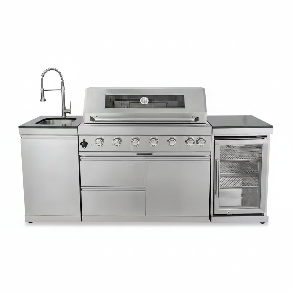 43 In. 6-Burner 85000 BTU Propane Gas Grill Island Outdoor Kitchen with Refrigerator, Sink in Silver Stainless Steel