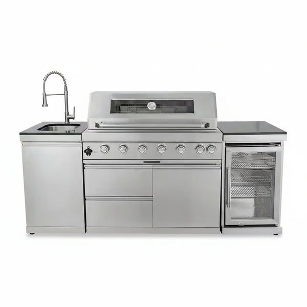 43 In. 6-Burner 85000 BTU Propane Gas Grill Island Outdoor Kitchen with Refrigerator, Sink in Silver Stainless Steel