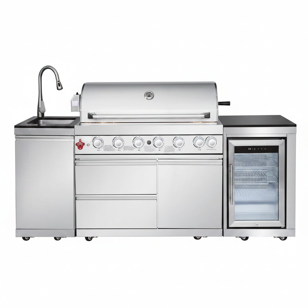 Outdoor Kitchen Island with Built in Grill, 6 Burner 83500 BTU Stainless Steel Gas Barbecue Island, Patio Cooking Station with Sink & Wine Cooler, Built in Grill Island for Backyard (Silver)