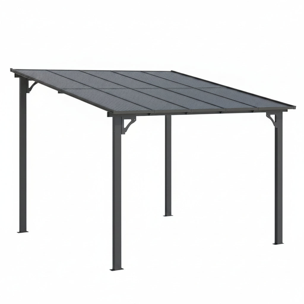 10'X20' Hardtop Wall Mounted Gazebo with Gutters & Galvanized Steel Roof, 60MPH Wind Resistance, Lean to Gazebo Pergola with Sloped Roof for Deck, Porch, Backyard and More, Black
