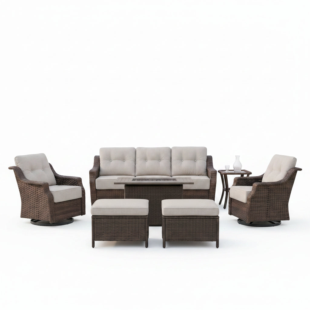 Luxurious 7 Piece Patio Furniture Set with Fire Pit Table, High Back Wicker Swivel Rocker Glider Outdoor Chairs with 6" Cushion, All-Weather Patio Conversation Set for Yard Garden - Brown/Beige