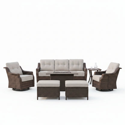 Luxurious 7 Piece Patio Furniture Set with Fire Pit Table, High Back Wicker Swivel Rocker Glider Outdoor Chairs with 6" Cushion, All-Weather Patio Conversation Set for Yard Garden - Brown/Beige