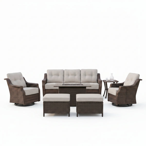 Luxurious 7 Piece Patio Furniture Set with Fire Pit Table, High Back Wicker Swivel Rocker Glider Outdoor Chairs with 6" Cushion, All-Weather Patio Conversation Set for Yard Garden - Brown/Beige