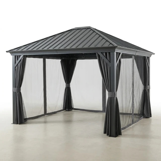 10 Ft. X 10 Ft. Outdoor Galvanized Steel Roof Gazebo, Aluminum Frame Pergolas with Ceiling Hook, Curtains and Netting — Studio Shot