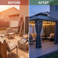 10 Ft. X 10 Ft. Outdoor Galvanized Steel Roof Gazebo, Aluminum Frame Pergolas with Ceiling Hook, Curtains and Netting — Before & After